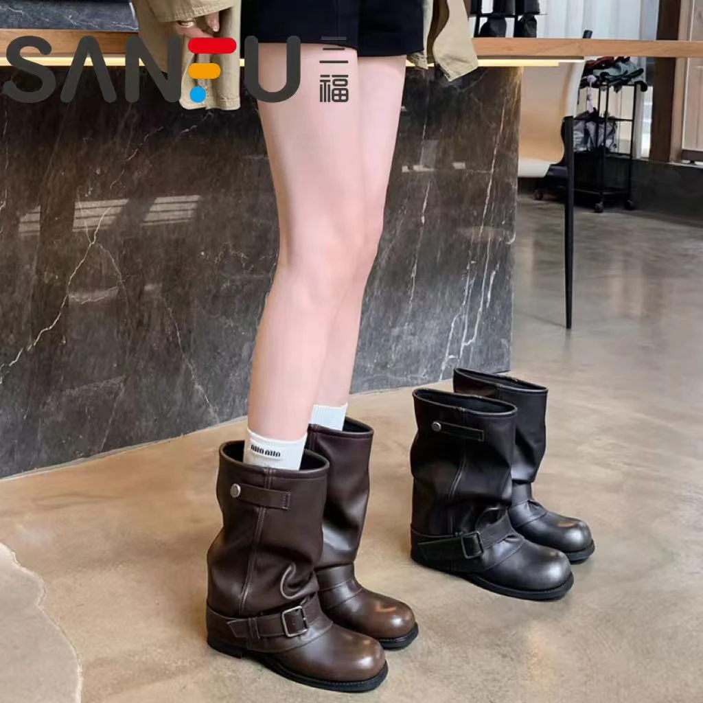 三福内增高西部牛仔堆堆靴女2025秋褶皱裤管短靴复古骑士马丁靴