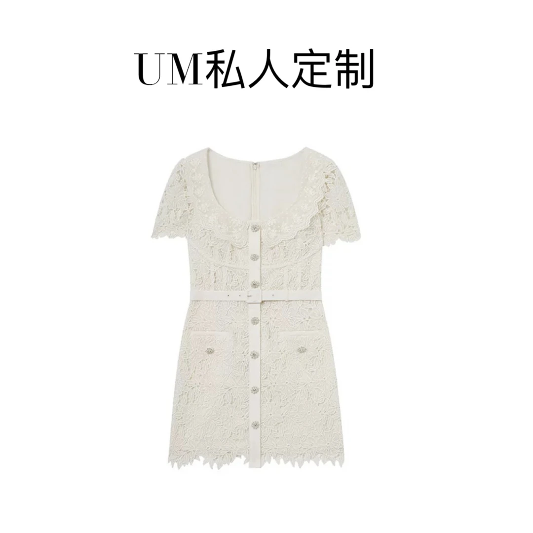 UM定制 春夏象牙白方领气质蕾丝连衣裙白月光裙