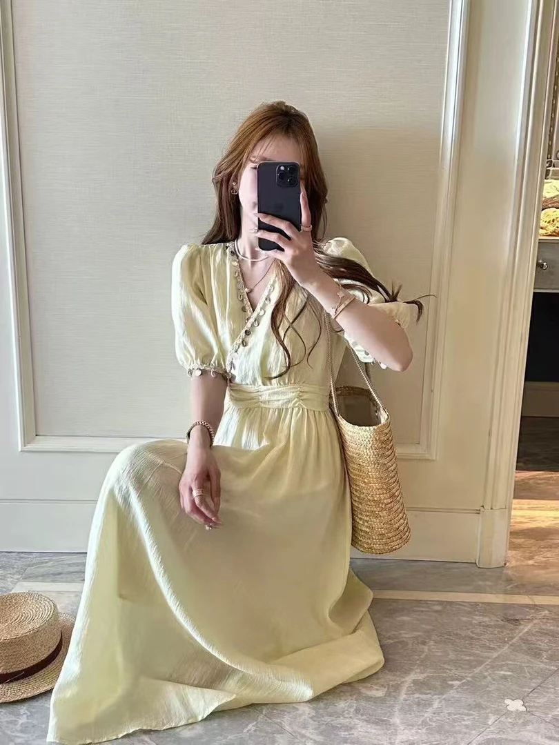 (A200-299)韩式夏季女装短袖时尚长款泡泡袖收腰气质温柔风连衣裙