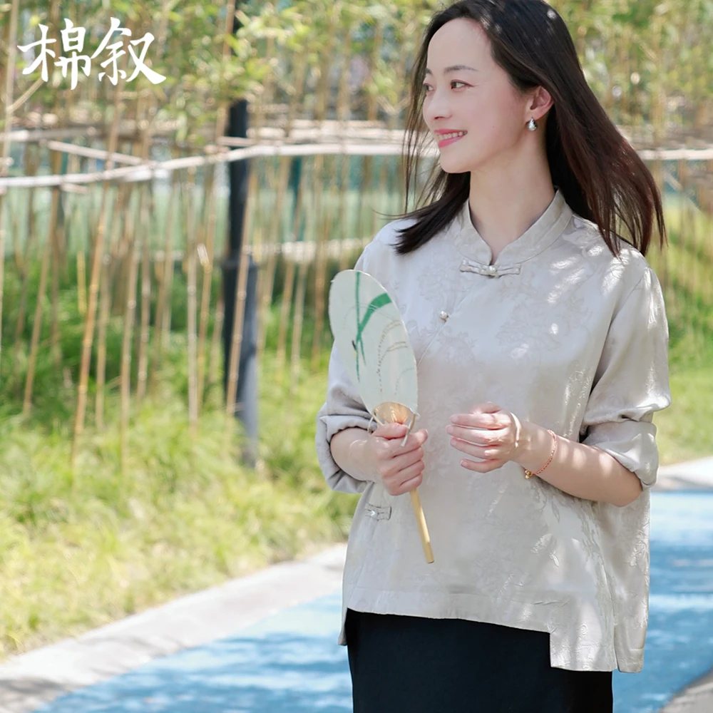 棉叙【清仓】人丝提花斜襟衬衫女士国风复古长袖立领春款上衣15606