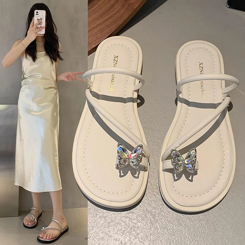 平底套趾凉拖鞋女夏外穿2024年新款绝美水钻配裙子罗马沙滩鞋软底