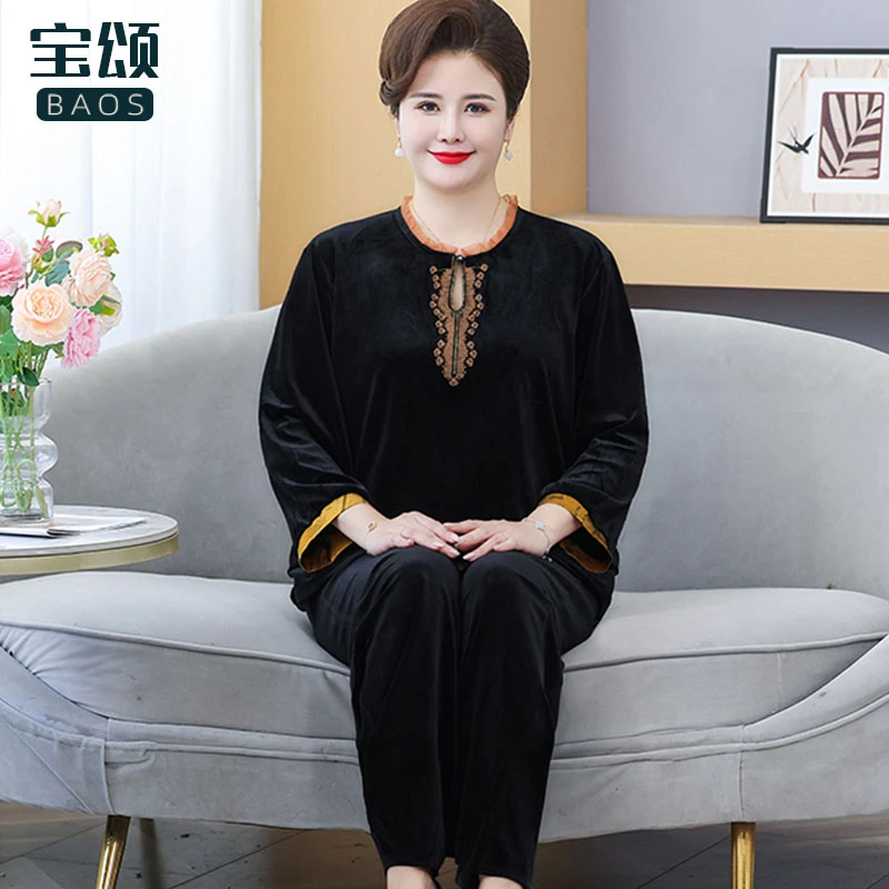 春秋款中老年女装宽松金丝绒套装长袖圆领国风气质大码女装两件套