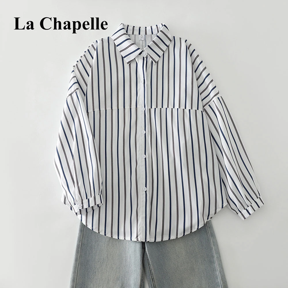 拉夏贝尔秋装新款大码复古条纹蝙蝠袖条纹长袖衬衫女减龄百搭上衣