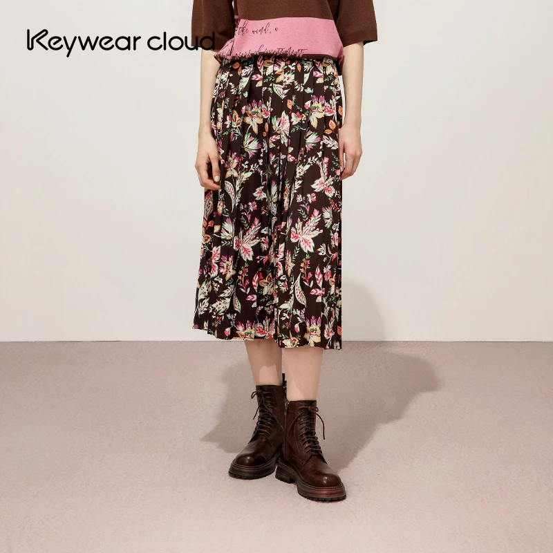 Keywearcloud奇威秋季新款高腰花卉印花百褶中长款通勤时尚半身裙
