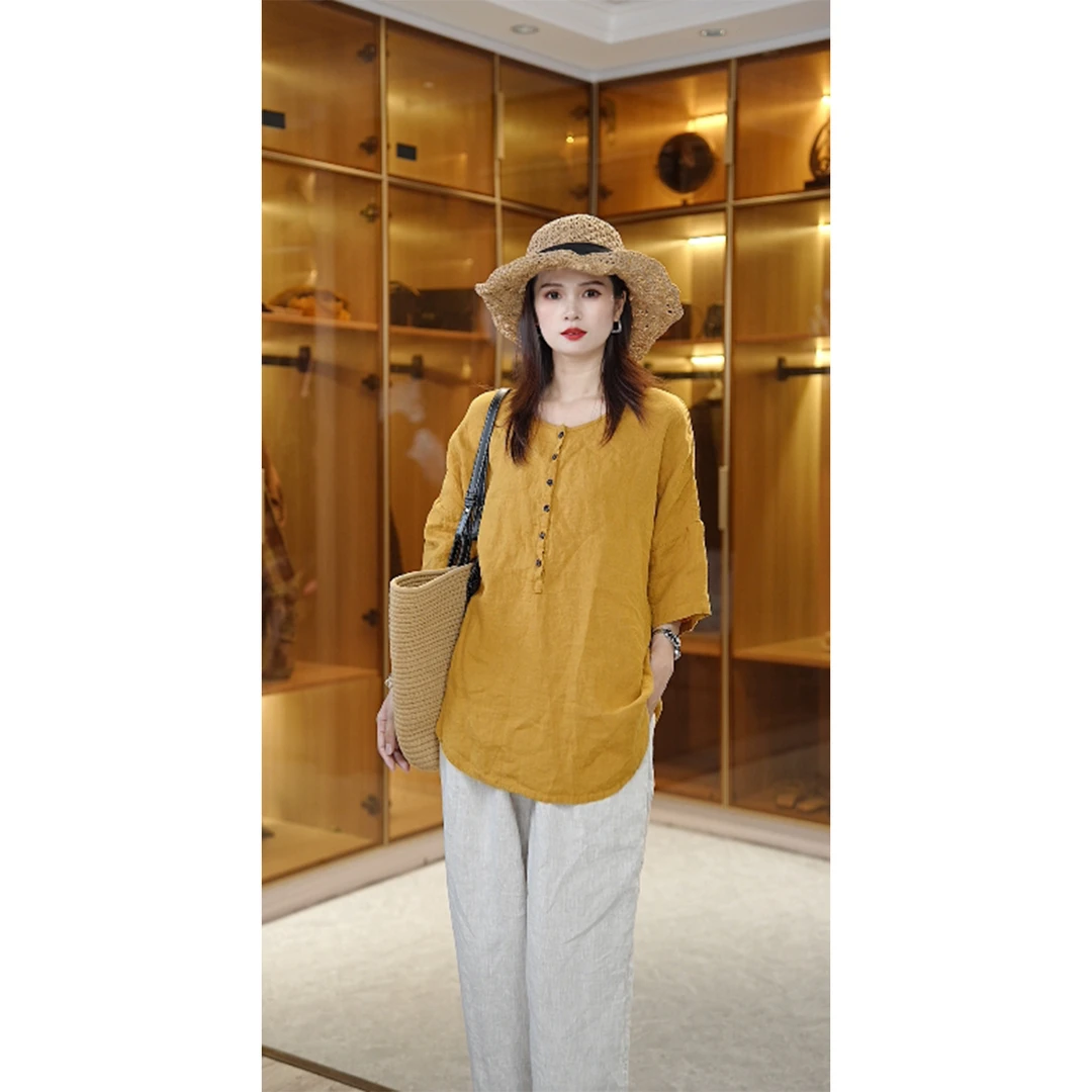 【100亚麻】夏季圆领衬衫女纯色气质显瘦休闲时尚上衣小衫25051703