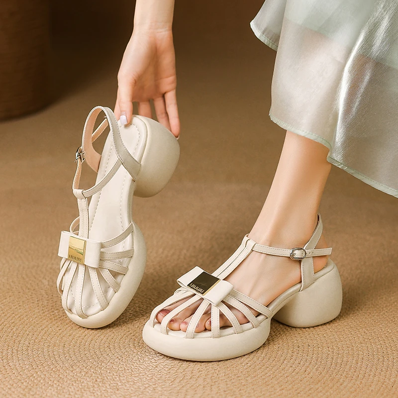 牛皮/6.5cm复古风银色蝴蝶结厚底凉鞋2025夏季百搭细带镂空罗马鞋