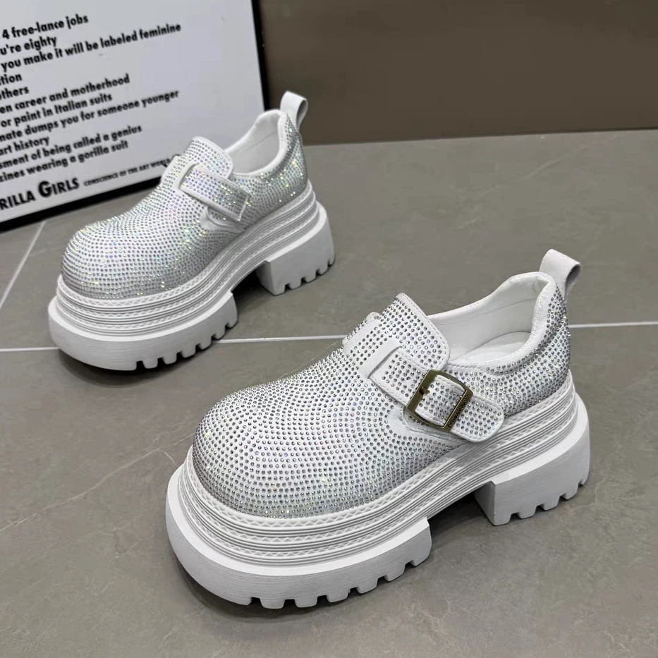 MSDD【8厘米】圆头纯色乐福百搭英伦风女鞋时尚皮鞋小白鞋白色夏季