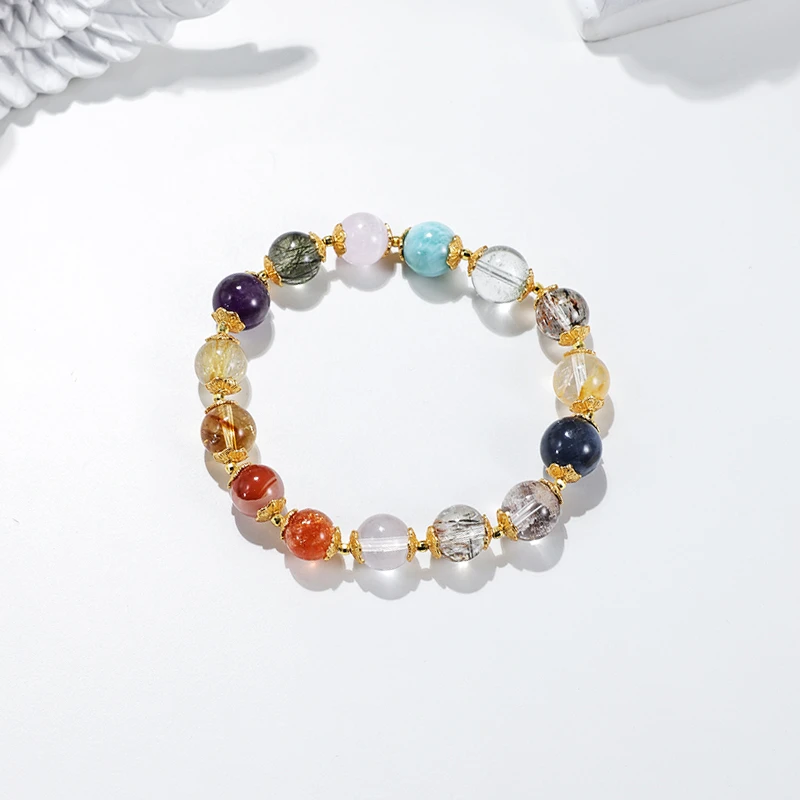 天然水晶手串多宝发晶南红海纹石金太阳设计款