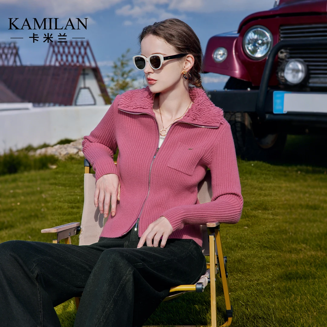 [羊毛]卡米兰气质翻领女士针织衫2025秋季新款设计感毛衣开衫外套
