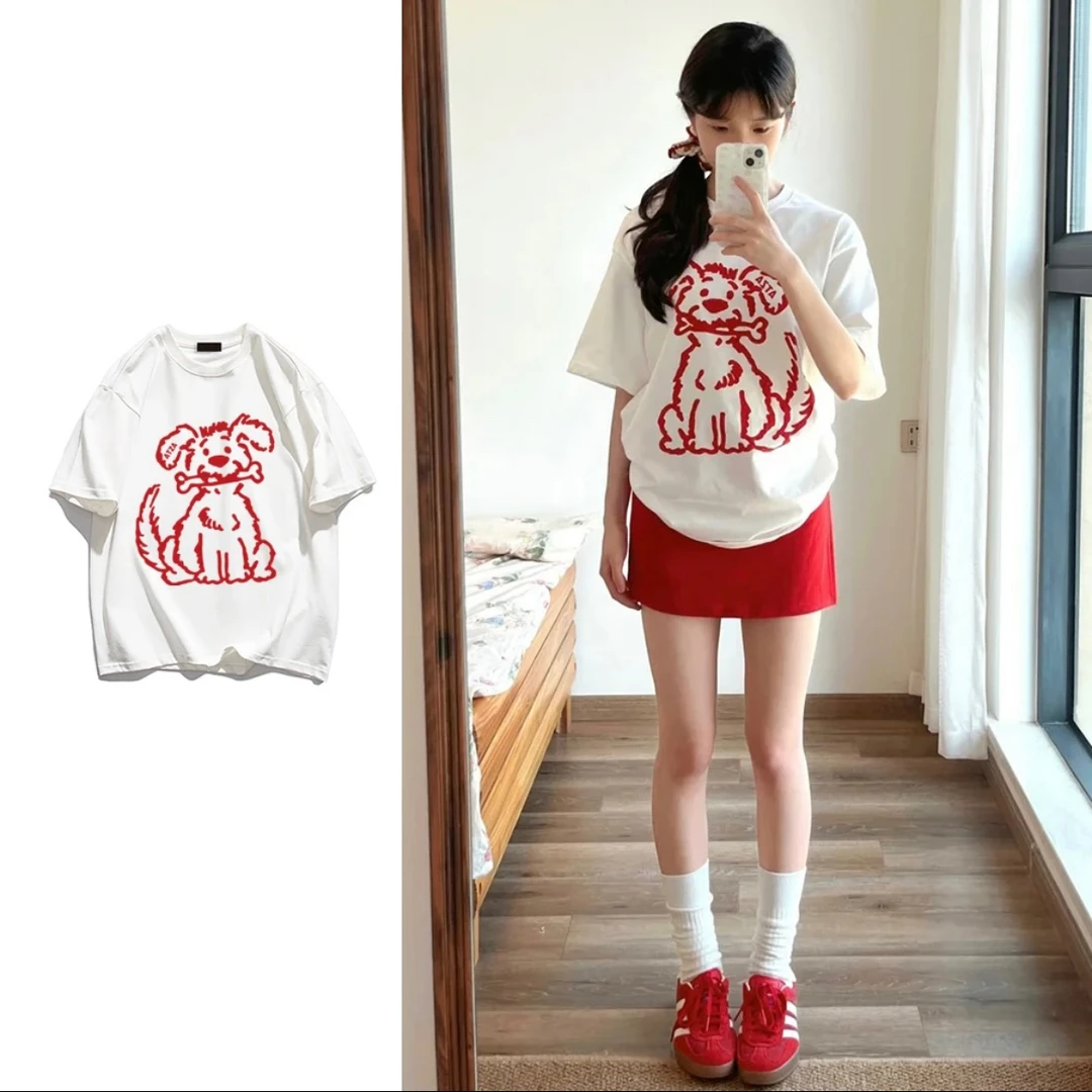 AZGO百搭宽松印花ins美式纯棉休闲小众学生圆领T恤（红色狗狗）