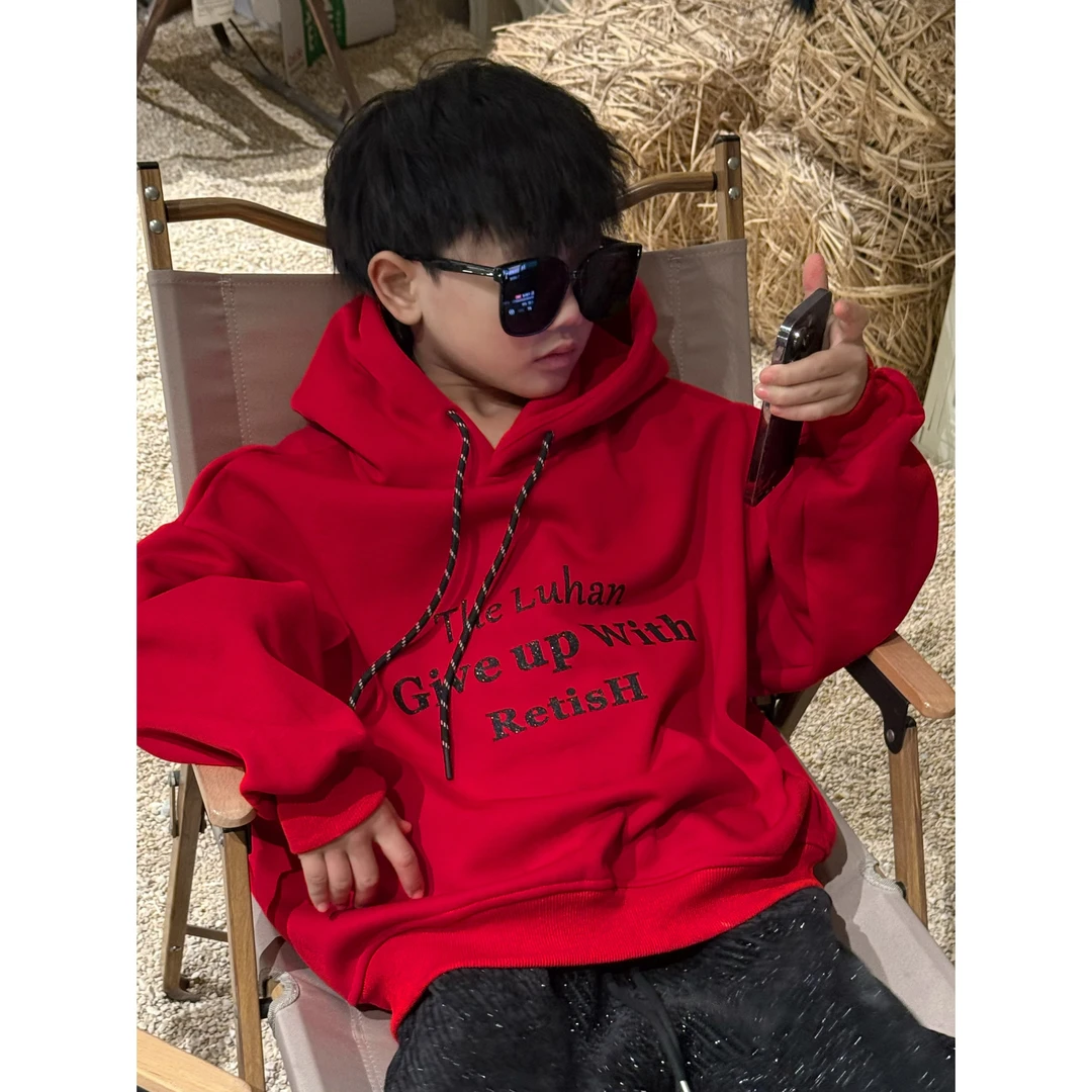 TTHE LUHAN 【新年好】秋冬季新款儿童加绒红色连帽卫衣24714