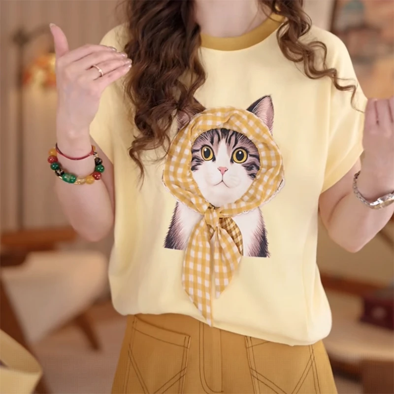 夏季新款杂志风2025卡通百搭圆领短袖常规袖T恤宽松时尚套装夏季