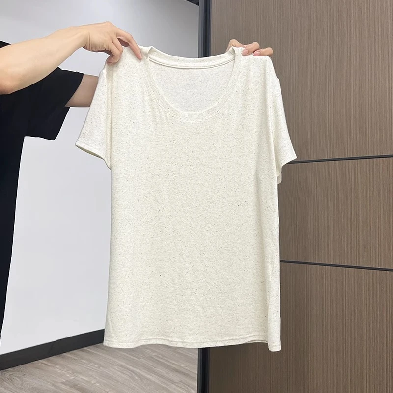 慵懒松弛感U领正肩短袖T恤女夏季新款宽松显瘦遮肚字休闲洋气上衣