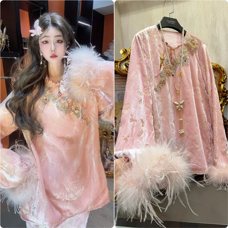 【粉铃萝】64091新中式中长款上衣大码胖MM