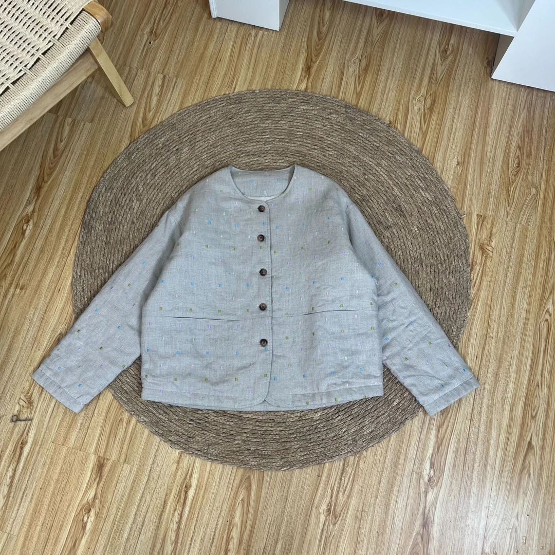 【星星点点】汉麻双雨露黄金纱刺绣棉衣圆领外套夹棉汉麻外套