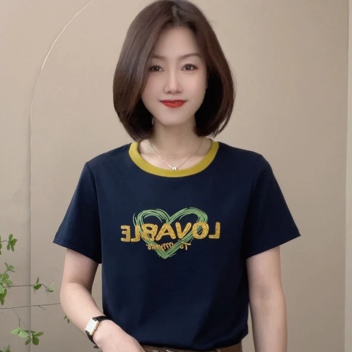 1508薄款夏季新款简约撞色印花舒适透气减龄时尚休闲洋气T恤