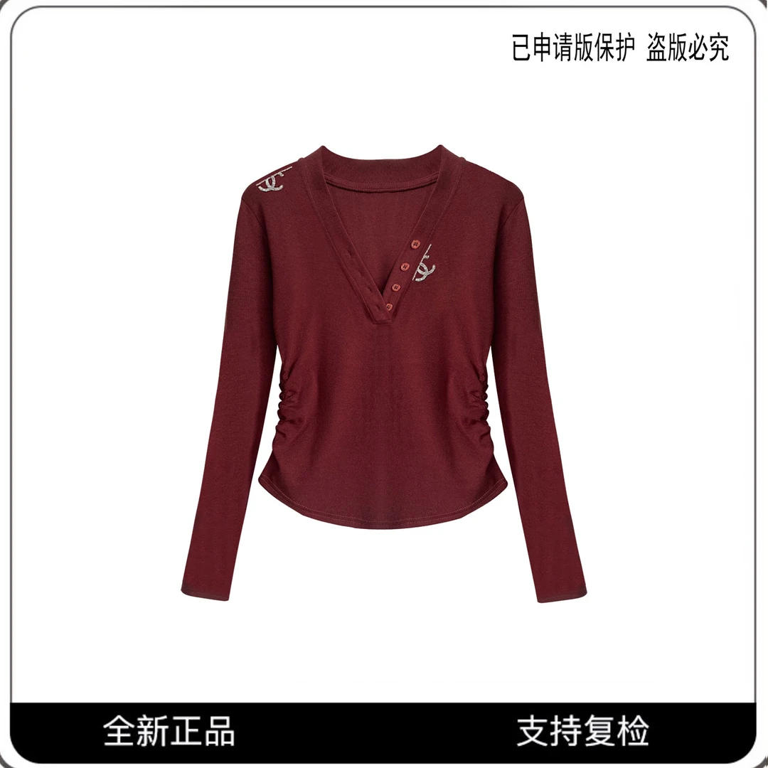 63860-1#CSIN2024秋季轻奢复古时尚收腰T恤气质显瘦百搭休闲上衣