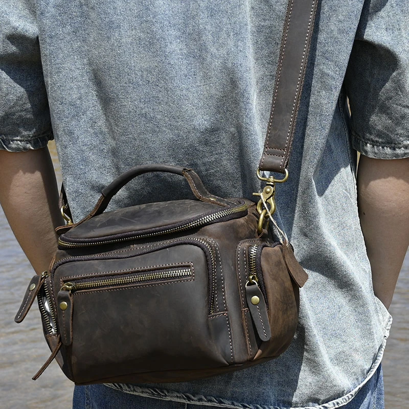 男士男款复古疯马牛皮多功能真皮单反相机包休闲单肩斜挎包手提包