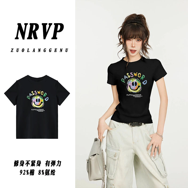 百搭圆领小众微胖女生穿搭大码正肩短袖t恤女装显瘦款修身高弹力