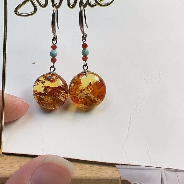 银S925镶嵌琥珀（花珀）耳饰