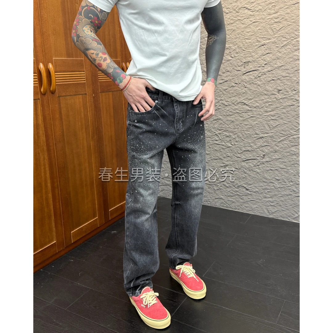 2025秋冬新款时尚休闲百搭黑灰色亮钻直筒宽松男士牛仔裤裤子3068