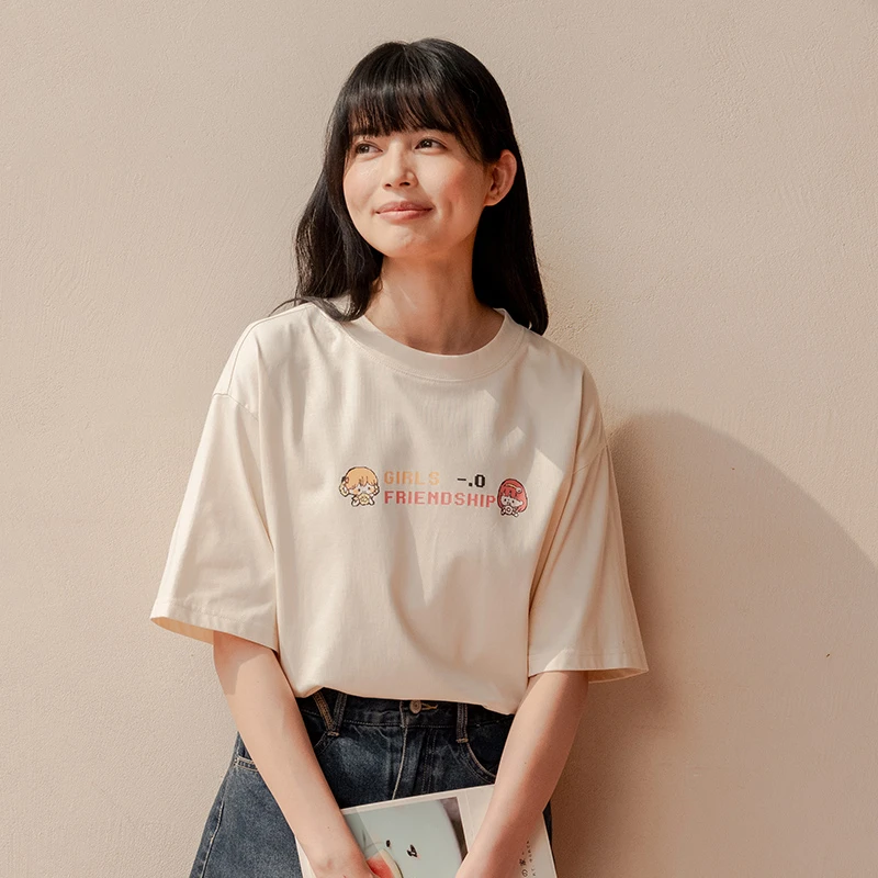 中和休闲圆领短袖T恤女2025夏季新款可爱印花t恤宽松落肩半袖上衣