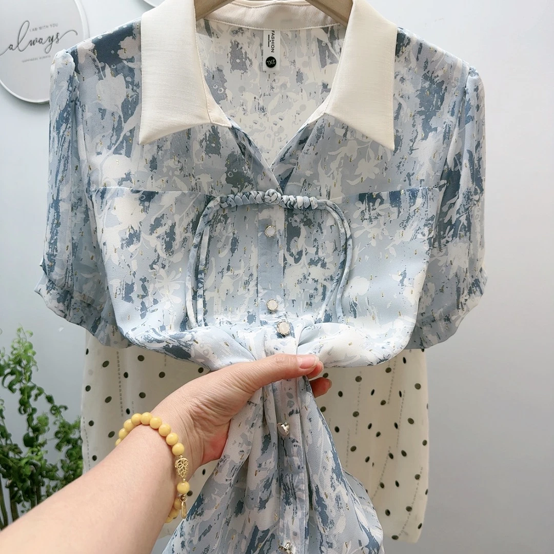 碎花雪纺衬衫雪纺衫减龄显瘦洋气妈妈上衣衬衣九分袖肚子新款衬衫