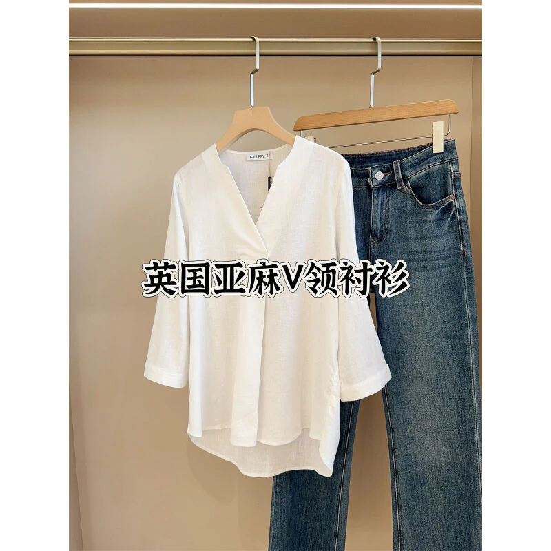 55亚麻 V领亚麻衬衫女