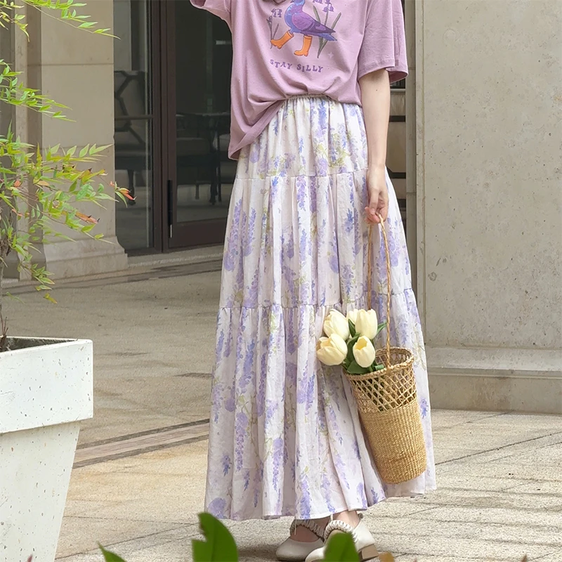 九月Oni碎花半身裙拼接多层褶裙子C202B25