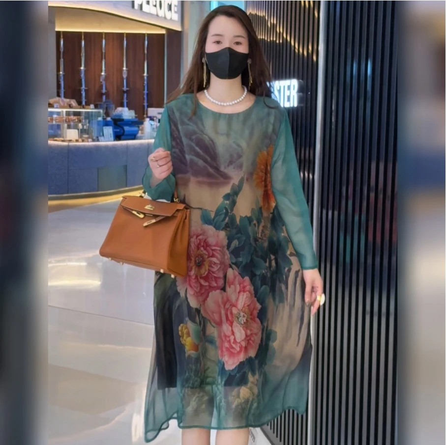 【2576绿】桑蚕丝/繁花似锦2025年早春新款时尚宽松款显瘦连衣裙