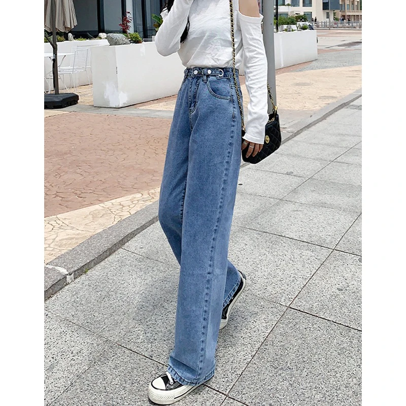 2-300斤胖mm大码女装蓝色高腰宽松牛仔裤春秋季显瘦调节扣直筒裤