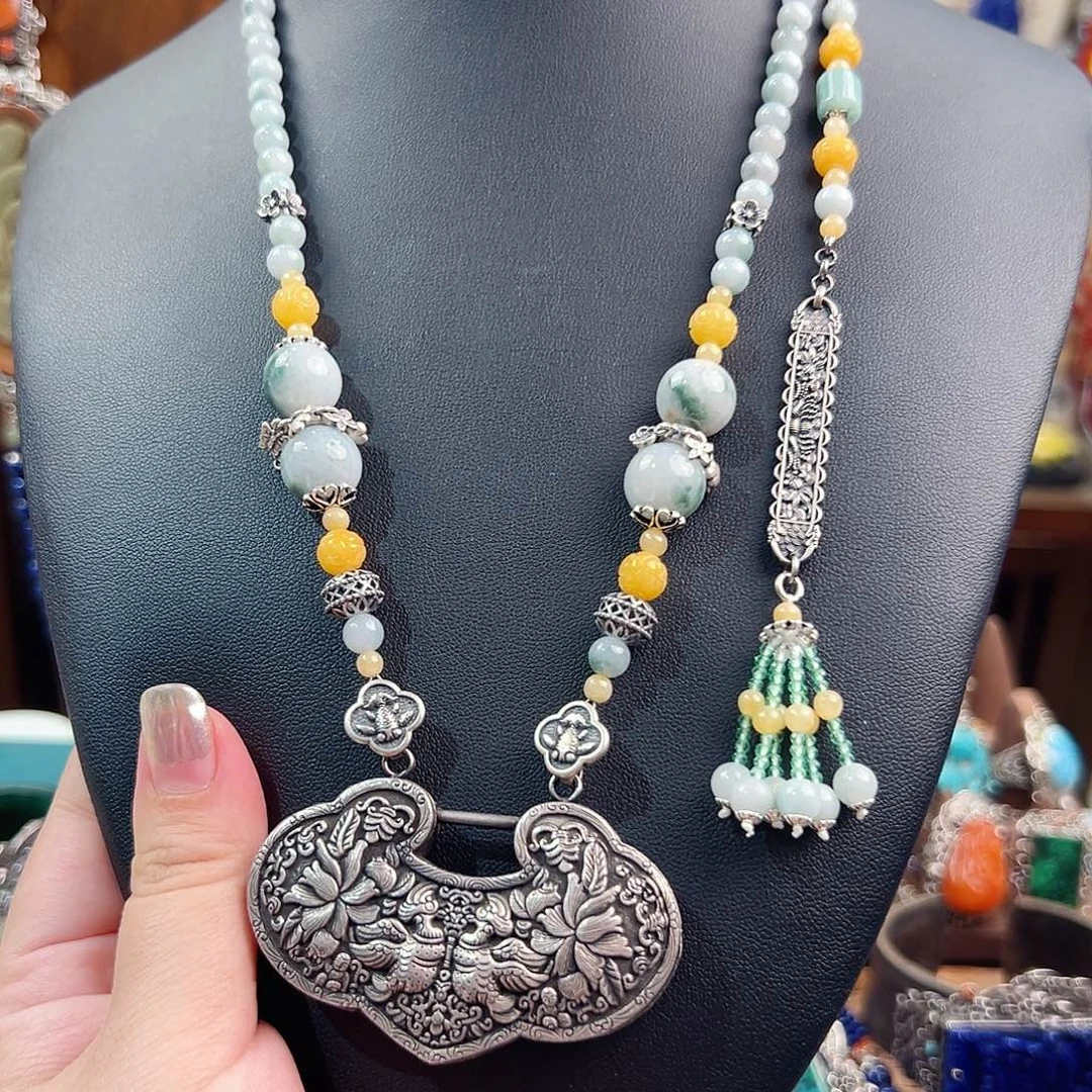 翡翠银S925镶嵌颈饰国风