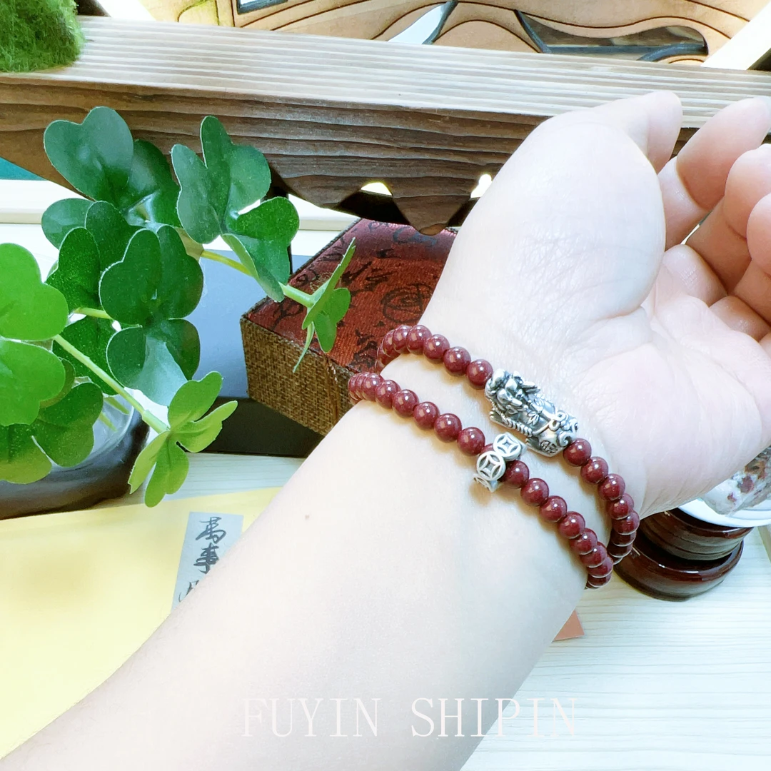 含辰砂工艺品女生乙巳年必备单双圈足银貔貅【过香香】