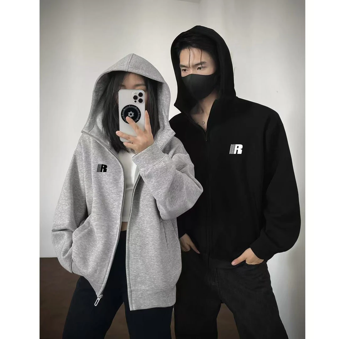 美式简约字母印花高领开衫连帽卫衣男女秋冬季宽松拉链情侣款外套