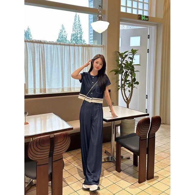 LUOZHIYIN/罗知音【T10117X】气质时尚女士蓝色牛仔上衣+阔腿裤