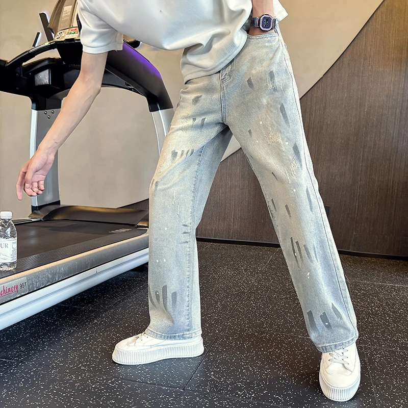 美式高街喷墨牛仔裤男春秋潮流百搭直筒微喇裤2025新款设计感男裤