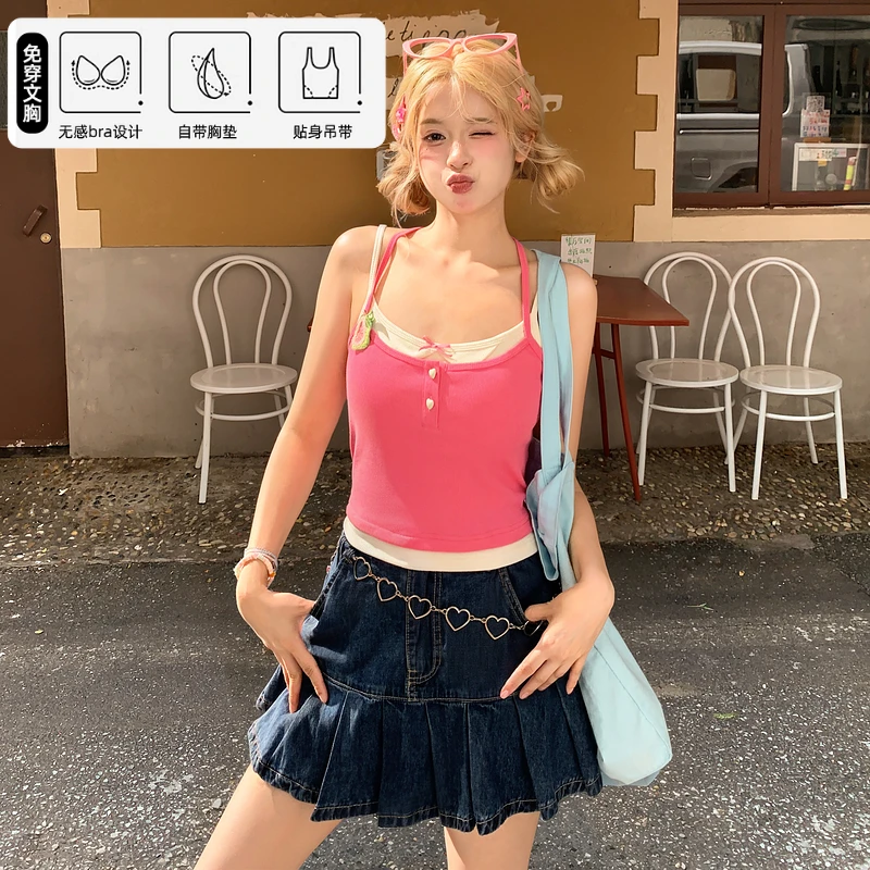 森女部落甜美风粉色修身挂脖假两件小众外穿吊带女2025初夏穿搭