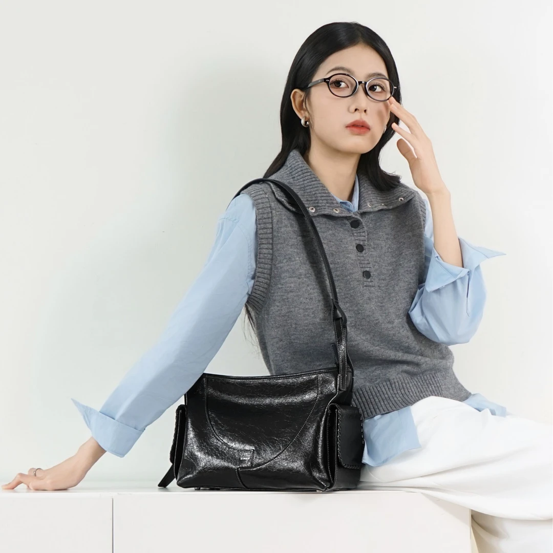 SIMEV杉谷hobo包知性学术风黑色真皮手提包女通勤质感包包秋冬