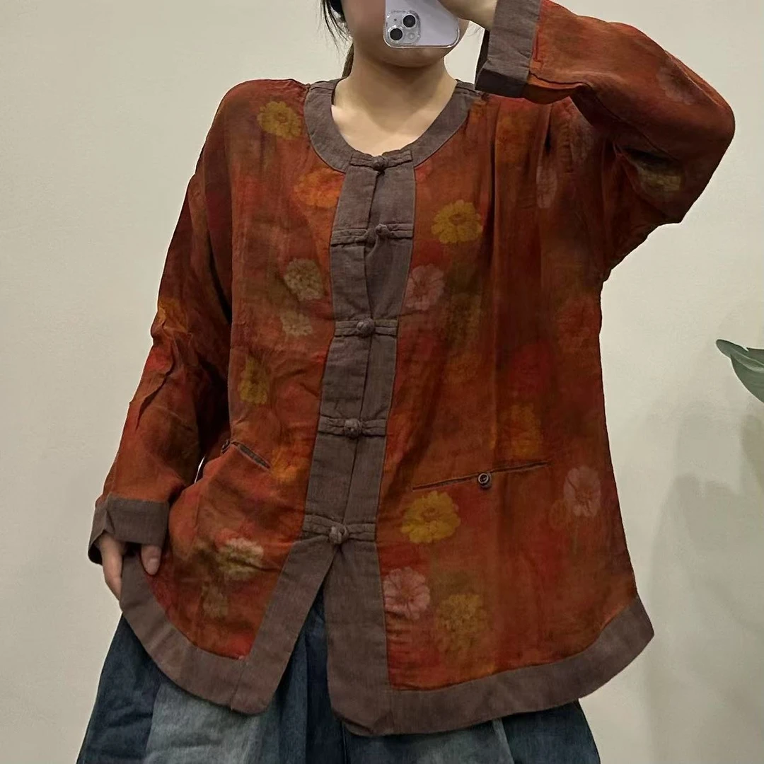 复古文艺新中式盘扣满印花上衣女新款宽松圆领拼接外套N33