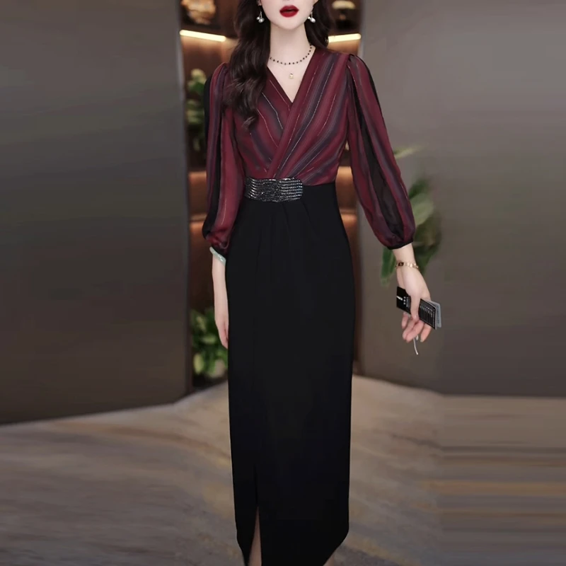 梭织精纺轻奢名媛2025春夏季新款气质显瘦显瘦假两件拼接连衣裙子