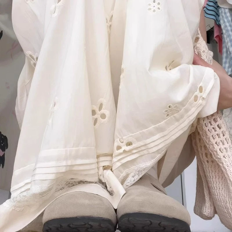 蕾丝拼接阔腿裤女高腰夏季薄款2025新款宽松垂感设计感镂空休闲裤