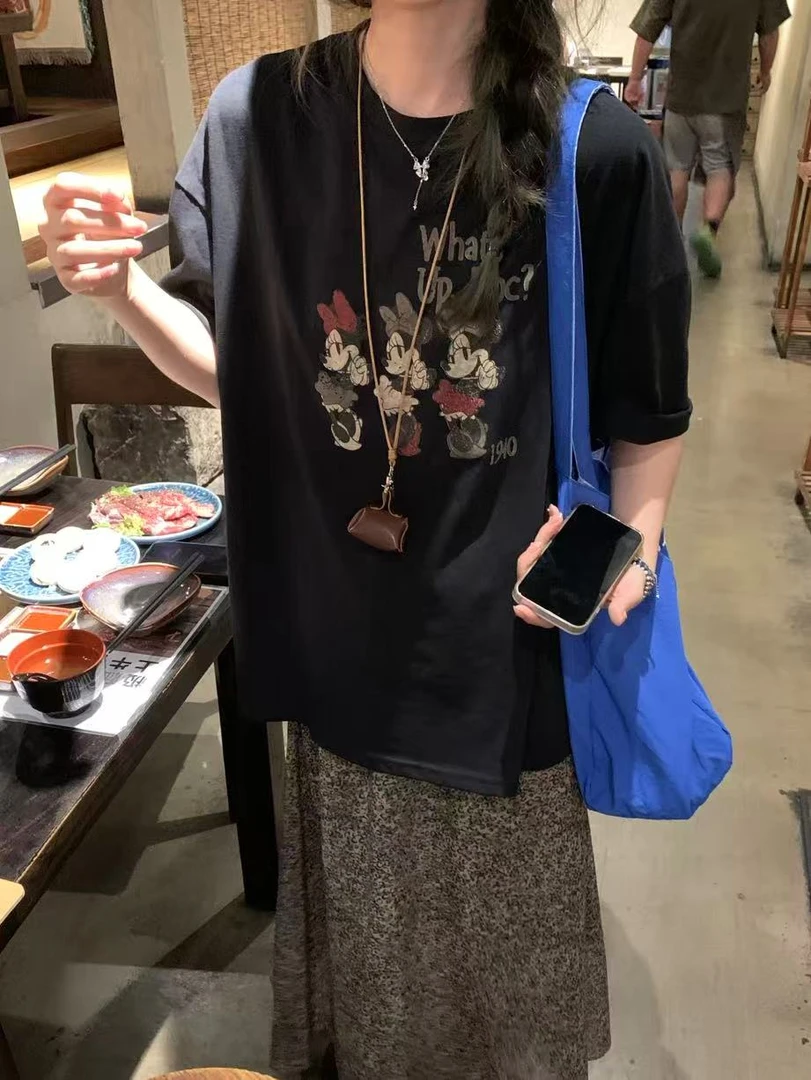 【YOU】三只米妮 韩系复古休闲卡通动画黑色雪花棉甜酷短袖t  6119