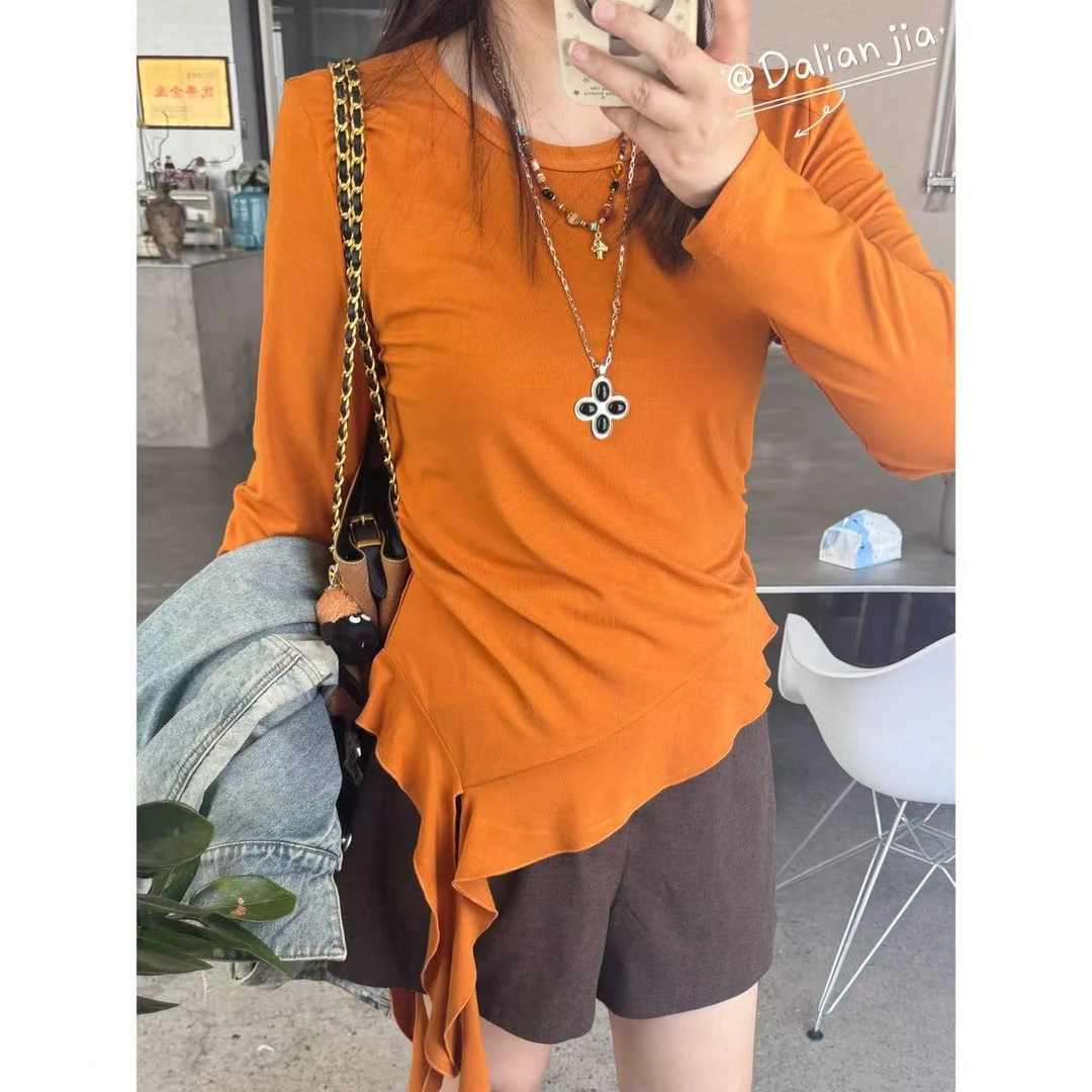 晶咕佳佳【少女茶话】波浪边设计感圆领长袖T恤时尚纯色百搭小众