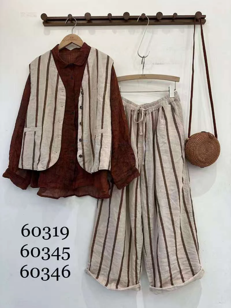 原创宽条纹亚麻套装