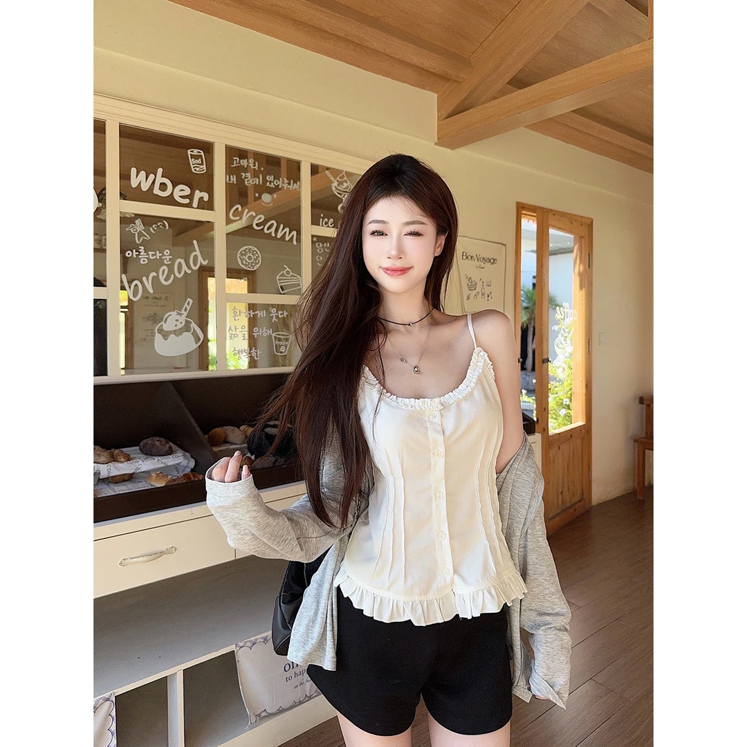 大码法式荷叶边显瘦吊带上衣女秋季新款外穿收腰背心开衫两件套