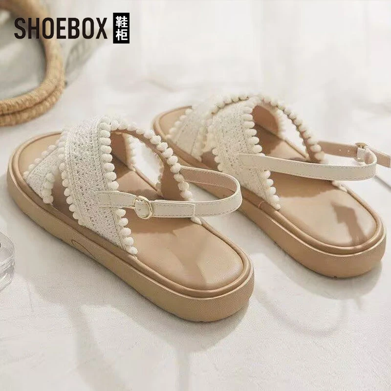 SHOEBOX鞋柜平底百搭不累脚配裙子法式小凉鞋女夏外穿2025新款