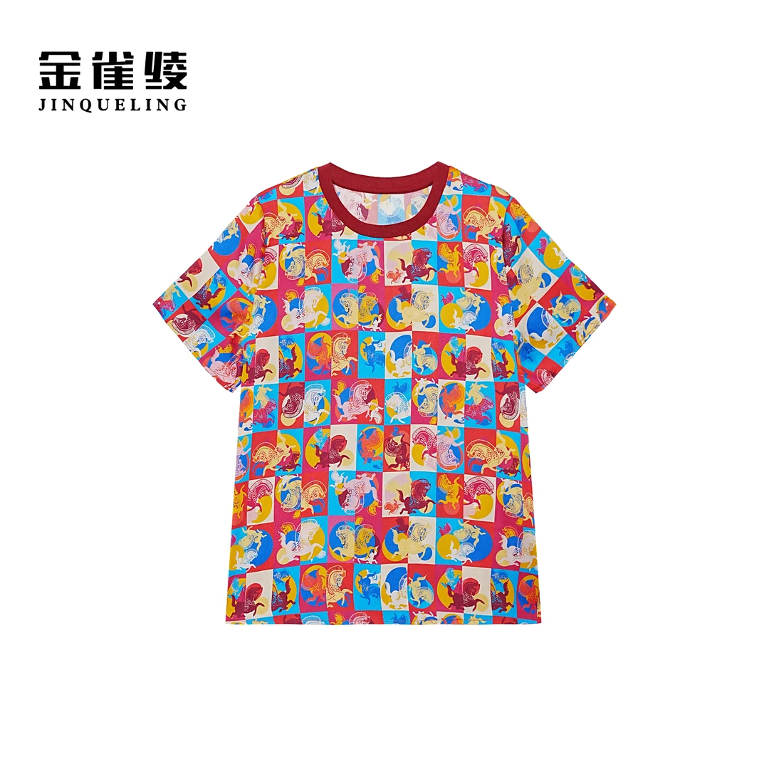 金雀绫【七彩小马】桑蚕丝时尚彩色韩系加宽加大T恤SZA1SL880