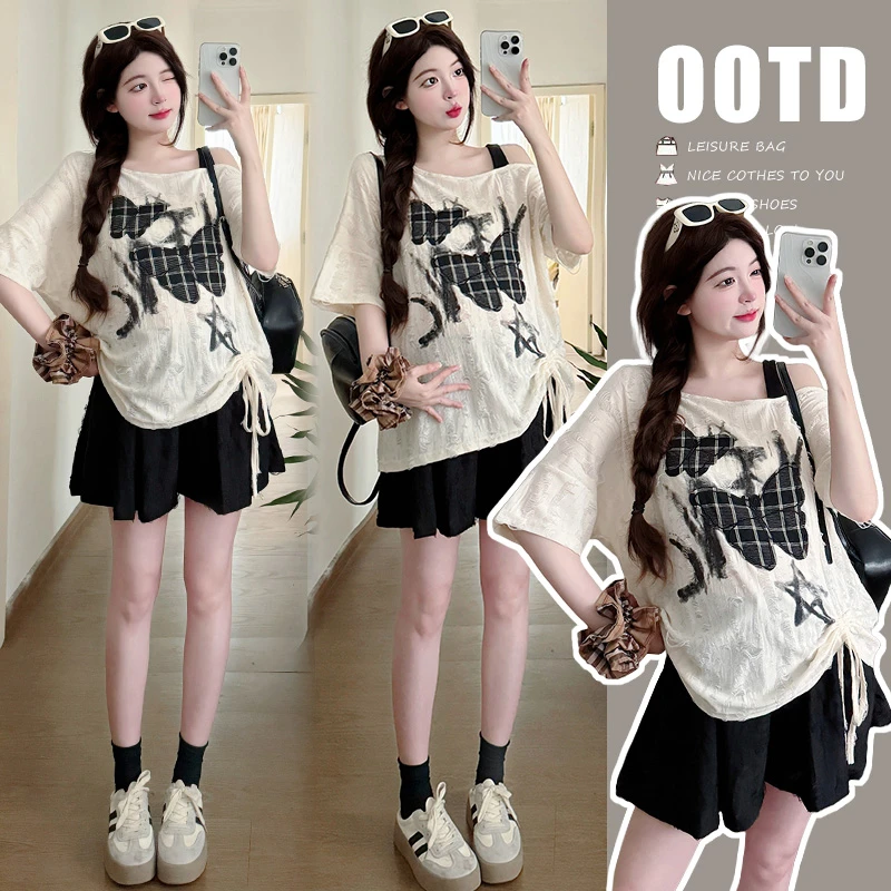 2025夏季新款孕妇装韩版宽松露肩蝴蝶结刺绣孕妇套装两件套外穿