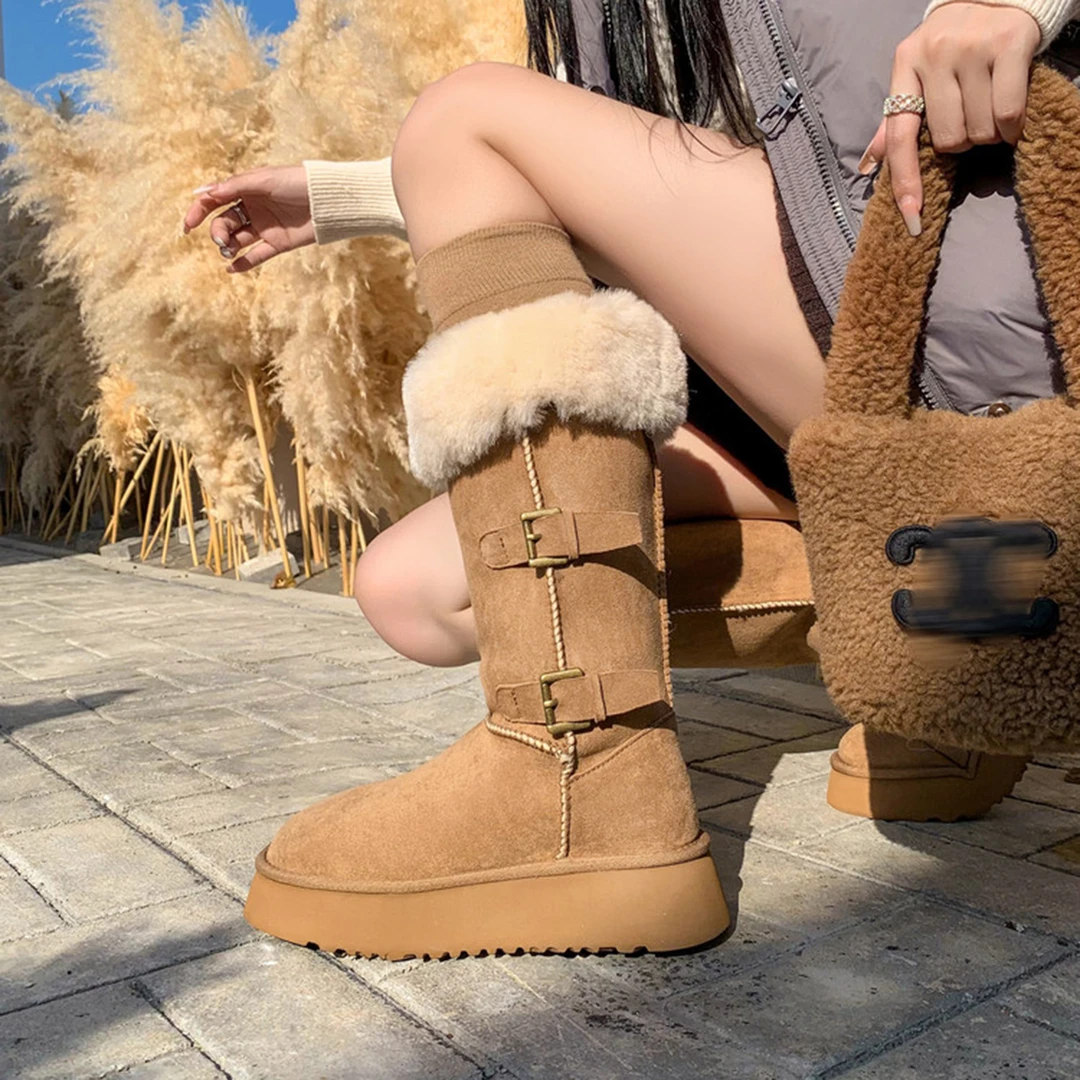 厚底增高皮带扣雪地靴女2025冬季新款百搭加绒保暖高筒毛毛鞋棉鞋