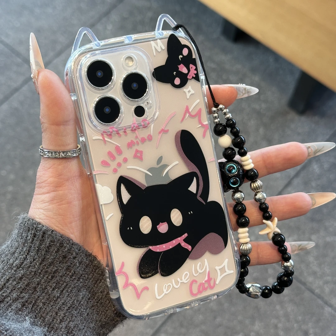 奥菲顿卡通惊吓黑猫挂链适用iPhone16/15pro苹果1412猫耳手机壳13